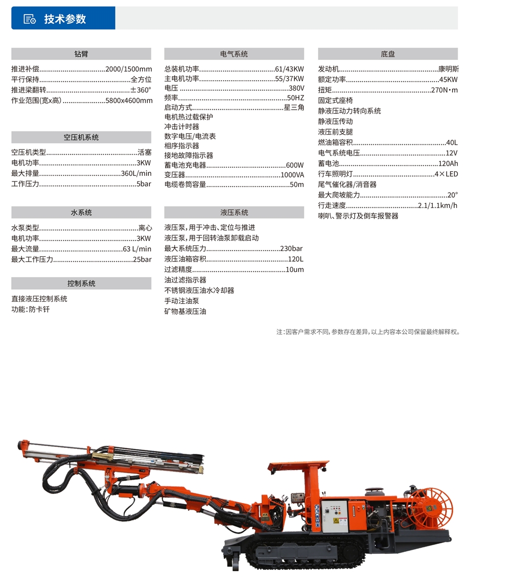 履帶式礦用液壓掘進鉆車技術(shù)參數(shù)