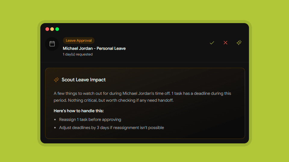 trackler — approvals · ai-assisted leave impact