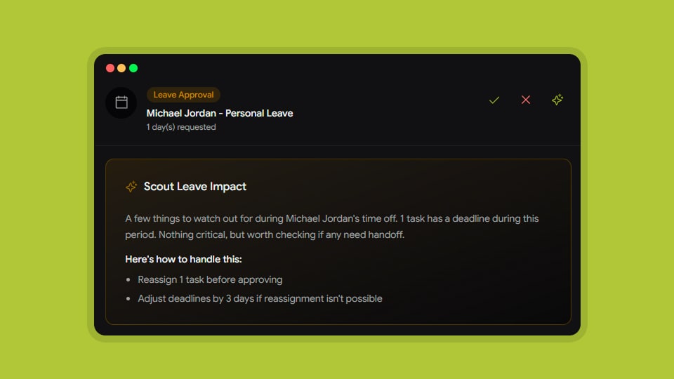 trackler — approvals · ai-assisted leave impact